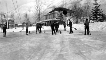 “Cleaning up our skating rink Spring 1917.” Claude and his friends shoveling and sweeping off the Royal Northwest Mounted Police rink in Dawson.