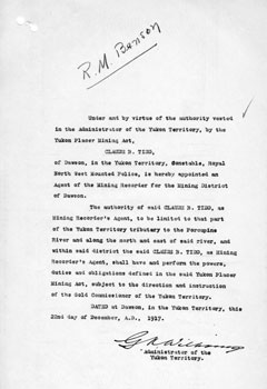 Lettre de l'administrateur William concernant l'affectation du gendarme Tidd au registraire minier du district de Dawson, 22 déc. 1917.