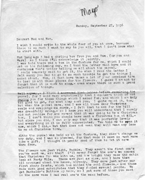 Lettre de Mary à Bud (Mark)et Honey (Elizabeth), 27 sept. 1936.