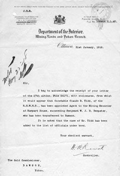 Lettre du contrôleur H.H. Rowatt au Commissaire de l'or, 31 janv. 1918. Archives du Yukon :Gov. 1645 24171 Partie 2 